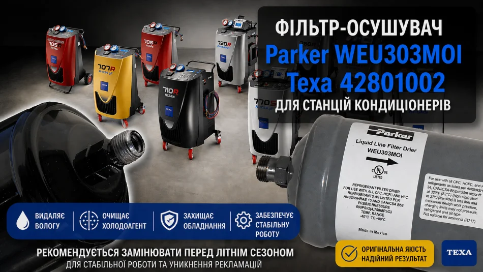 Parker WEU303MOI / TEXA 42801002: фільтр-осушувач для станцій кондиціонерів - опис і заміна