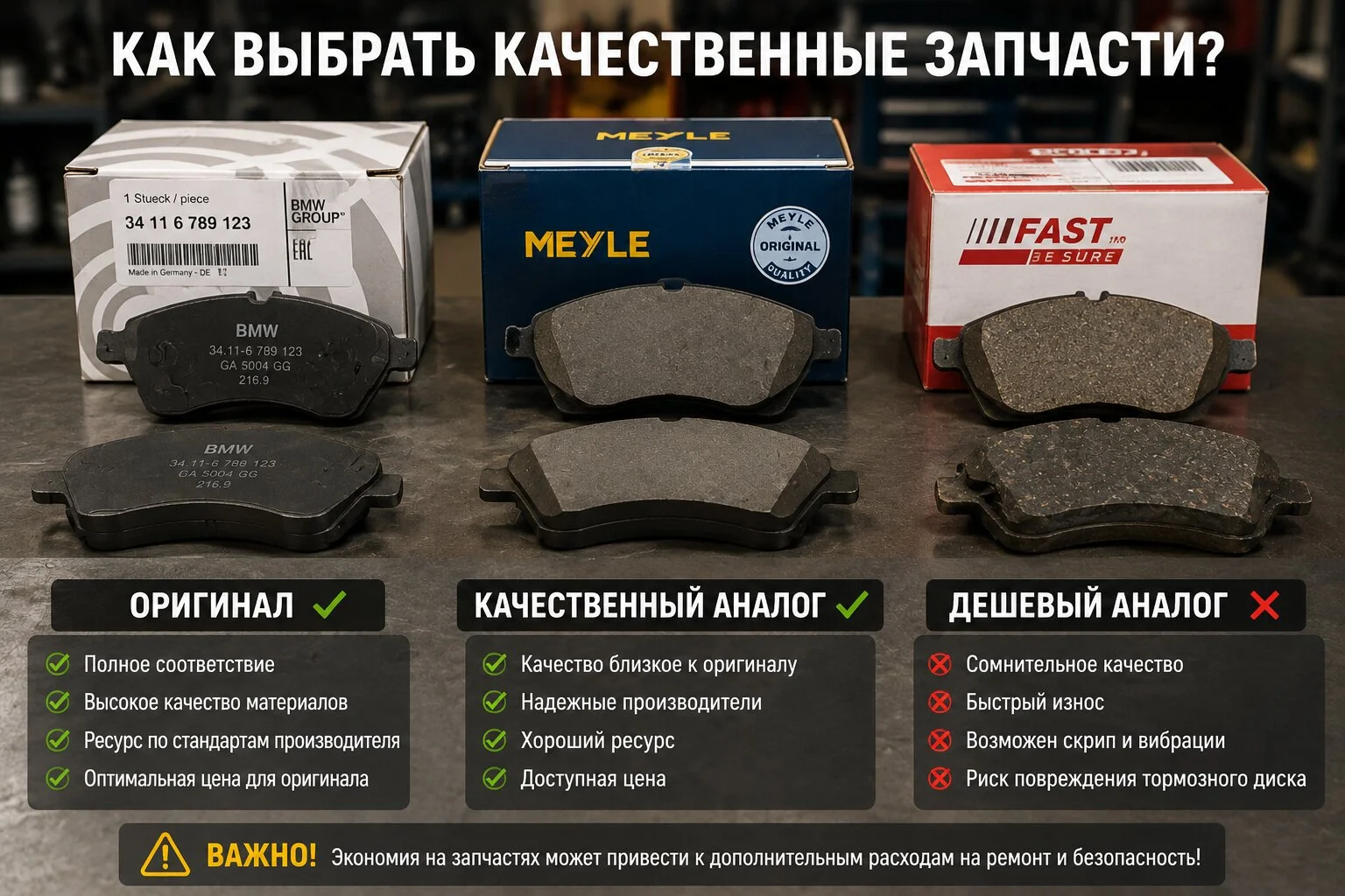 Три варианта автозапчастей на столе - оригинал, качественный аналог, дешевый аналог