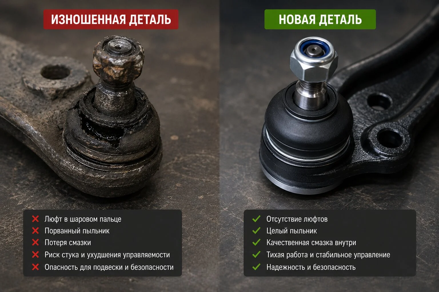 Крупный план изношенной шаровой опоры и новой детали рядом