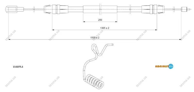 Трос стояночного гальма задн лів (1506мм/1505мм) FORD TRANSIT 2.2D-3.2D 04.06-12.14 ADRIAUTO 1302751 (фото 1)