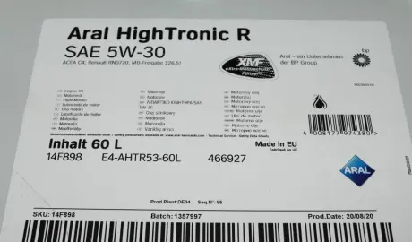 Олива 5W30 High Tronic R (60L) (MB 226.51/Renault RN0720) ARAL AR-14F898
