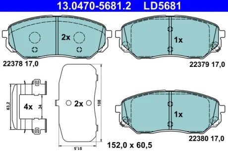 Керамічні гальмівні колодки передн, HYUNDAI SANTA FE IV KIA SORENTO III 2.0D-3.5 01.15-12.20 ATE 13047056812