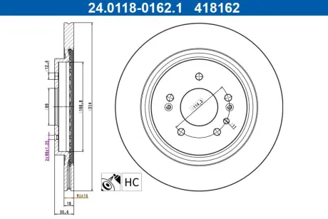 Диск гальмівний (задній) Hyundai Santa Fe 18-20 (314x18) (вентил.) (з покриттям) ATE 24.0118-0162.1