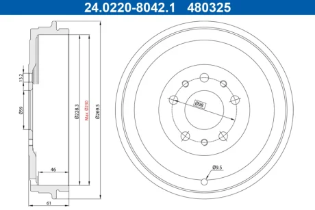 Гальмівний барабан задн FIAT 500L, DOBLO, DOBLO CARGO, TIPO OPEL COMBO, COMBO TOUR 0.9-2.0D 01.10- ATE 24022280421