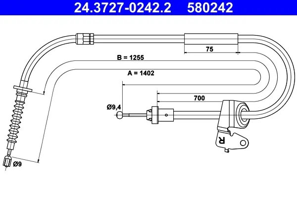 Трос стояночного гальма задн прав (1402мм) MINI (R56), (R57), (R58), (R59) 1.4-2.0D 09.06-06.15 ATE 24372702422 (фото 1)