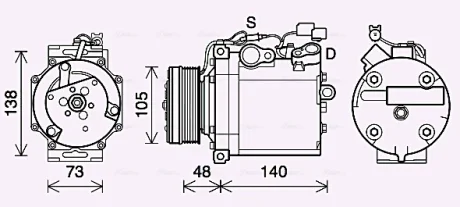 AVA MITSUBISHI Компресор кондиціонера GRANDIS 2.0 DI-D 05-, LANCER VIII 1.8, 2.0 07-OUTLANDER II 2.0 DI-D 07-, 2.4 06-, CITROEN, PEUGEOT AVA QUALITY COOLING MTAK263