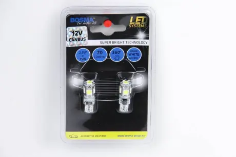 Автолампа T10 LED 12V 5XSMD 5050 LED WHITE DOUBLE POLARITY CANBUS (2 шт) Bosma 4199