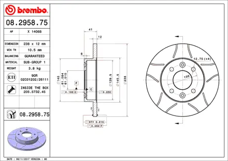 Гальмівний диск пер. Clio II 98-/Sandero/Stepway I 07- (238x41mm) BREMBO 08295875