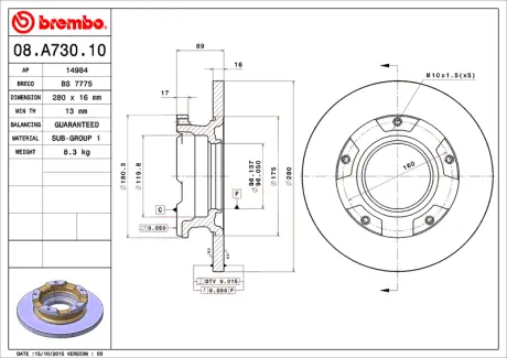 Гальмівний диск зад. Transit 06- (280x69mm) BREMBO 08A73010
