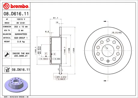 Гальмівний диск BREMBO 08D61611