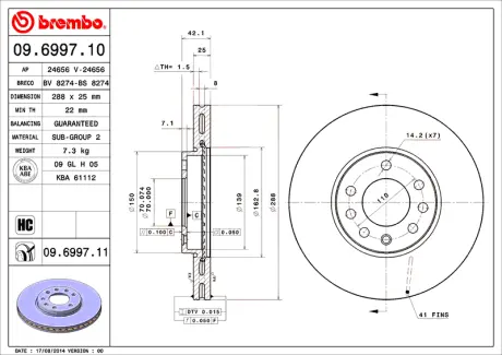 Гальмівний диск пер./зад. Vectra 96- (288x25) BREMBO 09699711