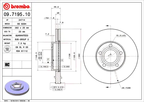 Гальмівний диск пер. Passat B5 96- (282x46mm) BREMBO 09719510