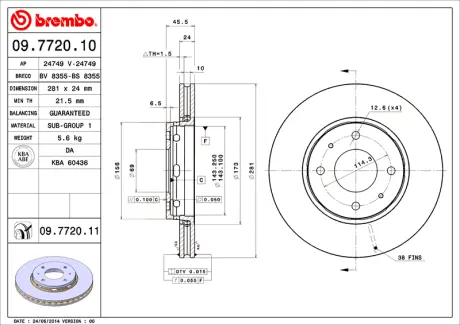 Гальмівний диск пер. Carisma/S40/V40 95- (281x46mm) BREMBO 09772011