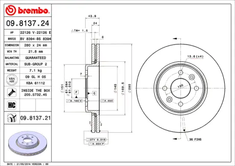 Гальмівний диск BREMBO 09813724