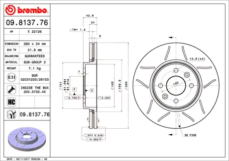Гальмівний диск пер. Megane II 03-/Clio III 05- (280x44mm) BREMBO 09813776