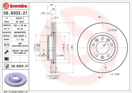 Тормозной диск BREMBO 09.8303.21