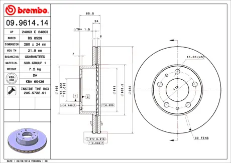 Гальмівний диск пер. Boxer 94- (280x66mm) BREMBO 09961414