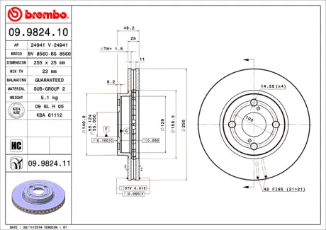 Гальмівний диск пер. Corolla 01- (255x49mm) BREMBO 09982411