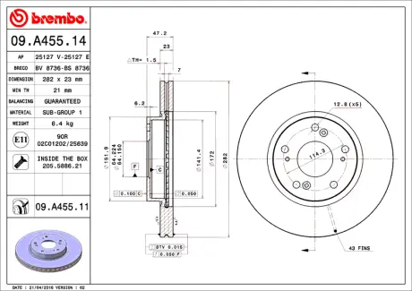 Гальмівний диск пер. Civic VIII/IX/X 06- (282x47mm) BREMBO 09A45511