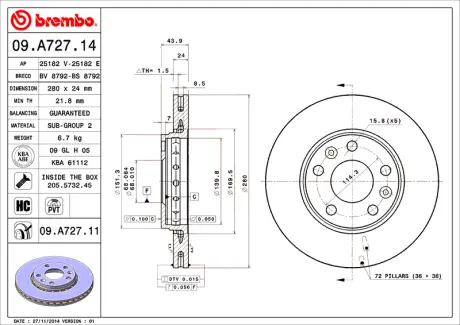 Гальмівний диск BREMBO 09A72714