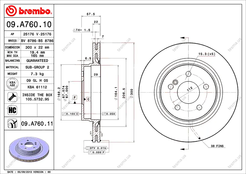 Диск BREMBO 09A76010 (фото 1)