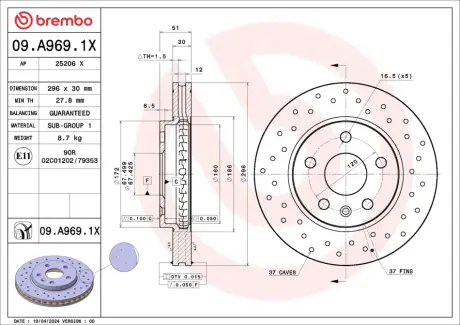 Тормозной диск BREMBO 09.A969.1X