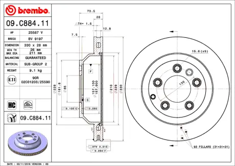 Тормозной диск Brembo Painted disk BREMBO 09C88411