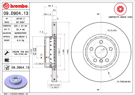 Диск гальмівний BMW 5 (G30) передн., вент. (вир-во) BREMBO 09D90413