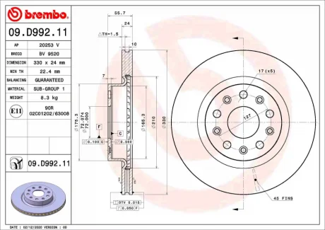 Диск гальмівний передн. (вир-во) BREMBO 09D99211