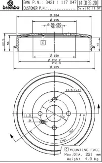 Гальмівний барабан BREMBO 14316520