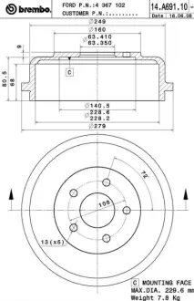 Гальмівний барабан Connect 02- (228x68mm) BREMBO 14A69110
