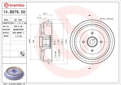 Гальмівний барабан C3 09-/208 12- (228,7x51,2mm)/к-т з підшипн. BREMBO 14B97650