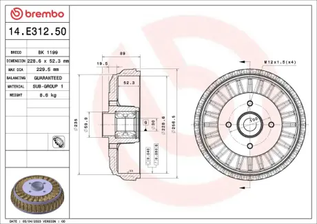 Гальмівний барабан Logan 07-/Stepway 12- (228,6x52,3mm)/к-т з підшипн. BREMBO 14E31250