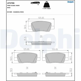Комплект гальмівних колодок задн, HYUNDAI SANTA FE IV, SANTA FE V KIA CARNIVAL IV, SORENTO IV 1.6H-3.5 07.19- DELPHI LP3706