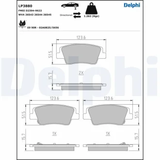 Комплект гальмівних колодок задн, HYUNDAI IONIQ 5, IONIQ 6, KONA, STARIA KIA EV6, EV9 1.0H/2.2D/Electric 01.21- DELPHI LP3880