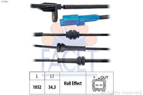 Датчик ABS Citroen C3 II, C-ELYSEE/ Peugeot 2008, 207, 208, 301 06- перед Л/Пр (21.0025) Facet FACET 210025