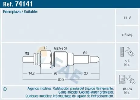 Glow plug. Свеча накаливания FAE 74141
