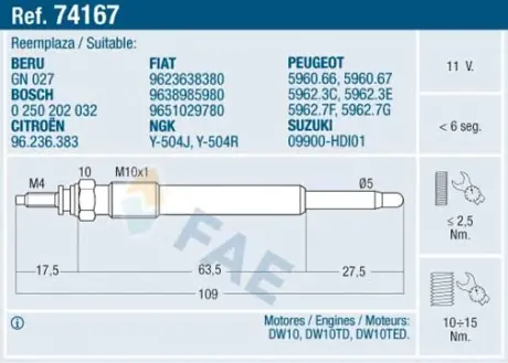 Glow plug. Свеча накаливания FAE 74167