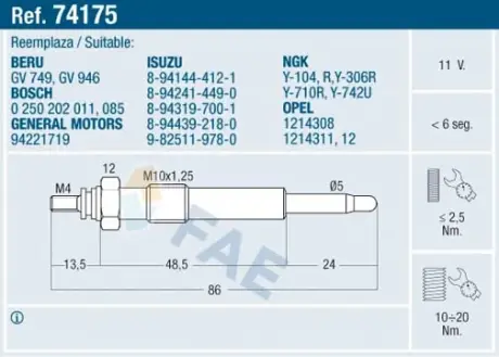 Glow plug. Свеча накаливания FAE 74175