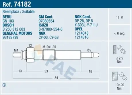 Glow plug. Свеча накаливания FAE 74182