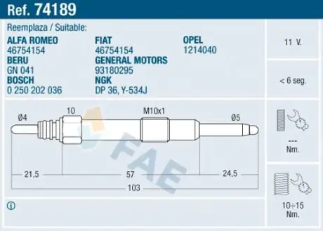 Glow plug. Свеча накаливания FAE 74189