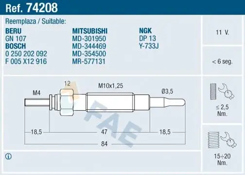 Glow plug. Свеча накаливания FAE 74208 (фото 1)