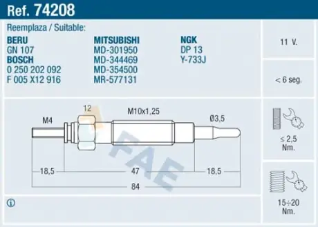 Glow plug. Свеча накаливания FAE 74208