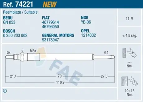 Glow plug. Свеча накаливания FAE 74221