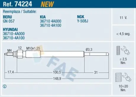 Glow plug. Свеча накаливания FAE 74224