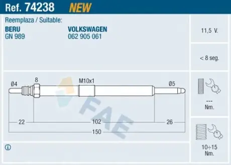 Glow plug. Свеча накаливания FAE 74238