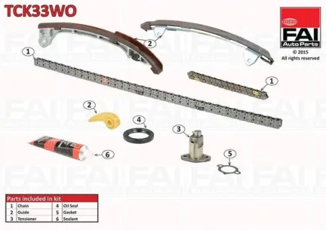 TOYOTA К-кт ланцюга ГРМ (2 ланцюга+3 направляючі+ натягувач + сальник + герметик + прокладка) Avensis 2.0 00- FAI TCK33WO