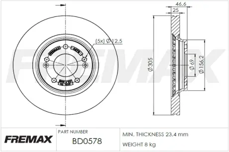 Диск тормозной передний Fremax BD-0578 FREMAX BD0578