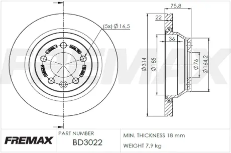 Диск тормозной задний Fremax BD-3022 FREMAX BD3022