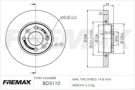 Диск тормозной передний Fremax BD-3110 FREMAX BD3110